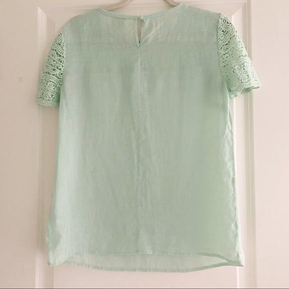 J. Crew Linen Crochet Lace Mint Green Top 2 XS - Picture 2 of 5